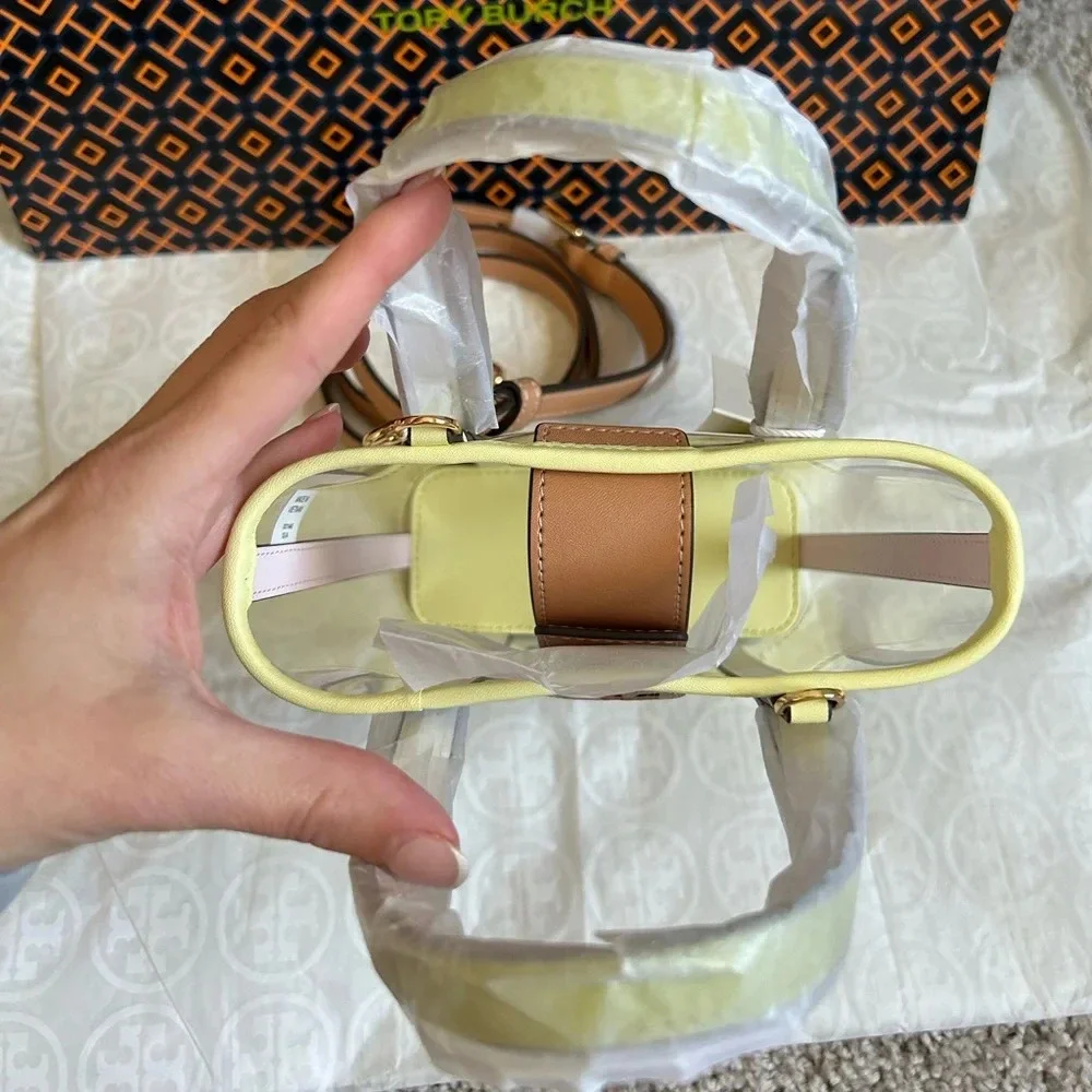 Tory Burch Clear Crossbody Bag with Lime Trim and Tan Strap